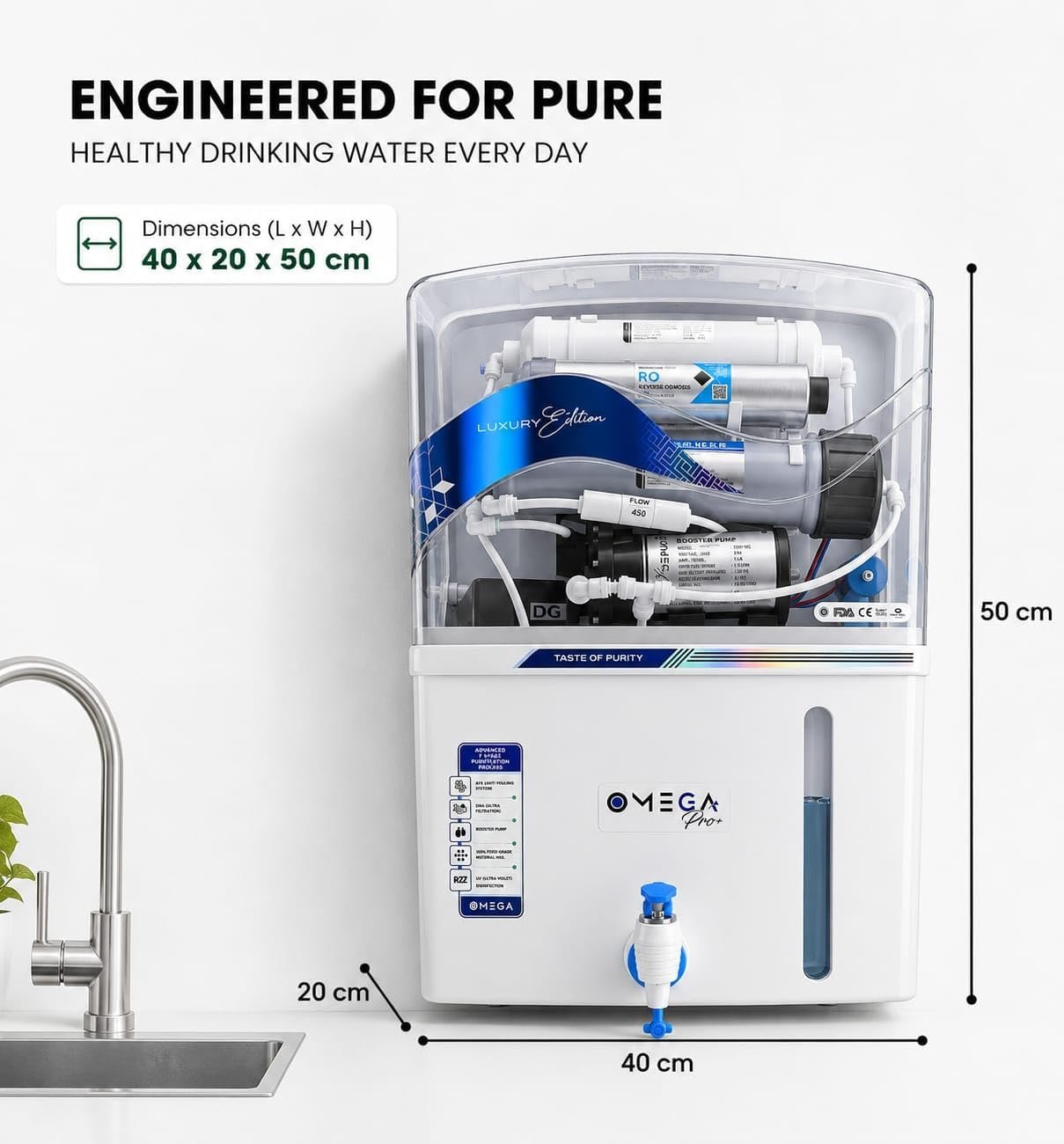 Omega MT+ RO+UV+Minerals Water Purifier with TDS Controller, 12 Litre Storage, 6 Stage Purification | Suitable for Home Kitchen & Office (SMC) - Image 2